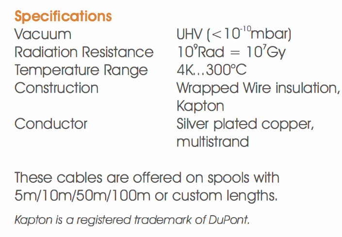Allectra KAP301系列真空線纜-Kapton絕緣電線性能參數 Allectra KAP301系列真空線纜-Kapton絕緣電線性能參數